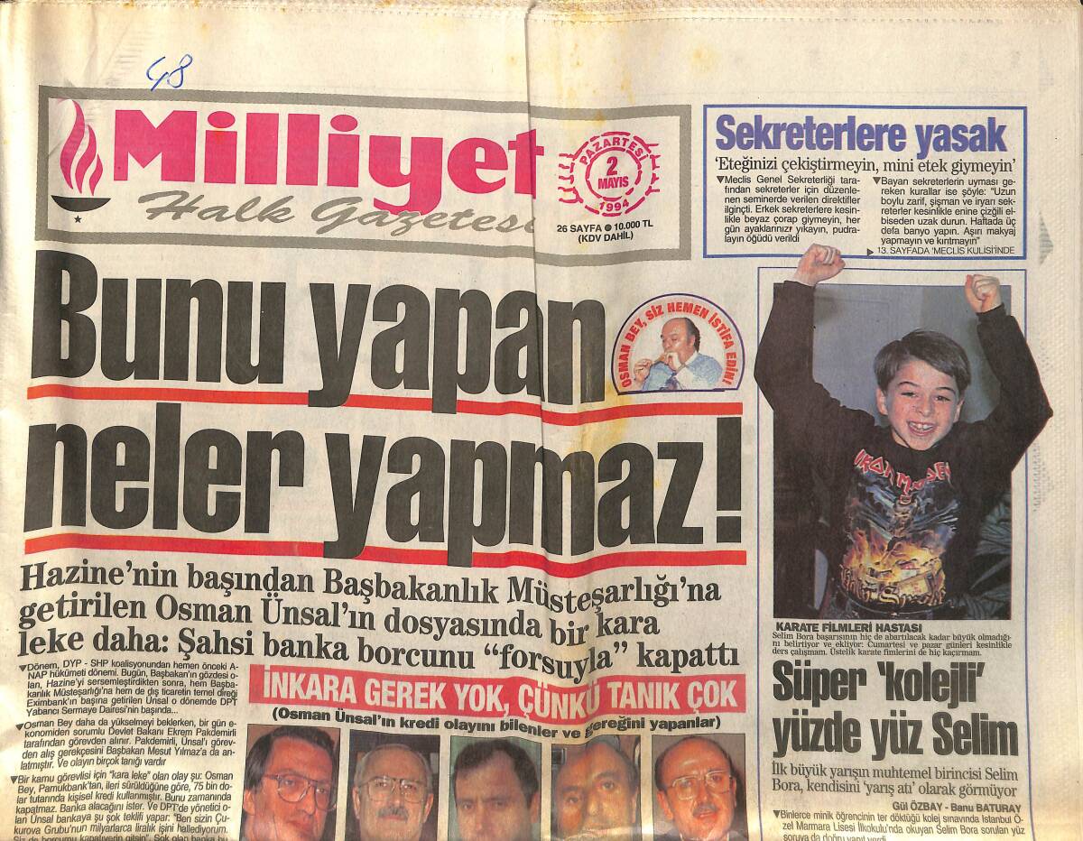 Milliyet Halk Gazetesi 2 Mayıs 1994 - Fenerbahçe'den Tarihi Fark - Karayalçın : ' Hedef SHP'siz Hükümet ' GZ153026 - 1