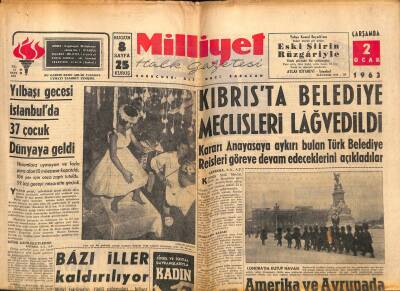 Milliyet Halk Gazetesi 2 Ocak 1963 - Kıbrısta Belediye Meclisleri Lağvedildi GZ117635 - 1