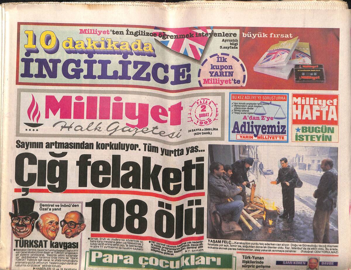 Milliyet Halk Gazetesi 2 Şubat 1992 - Şırnak'ta Çığ Felaketi : 108 Ölü - Beşiktaş Eltopu Oynadı GZ149225 - 1