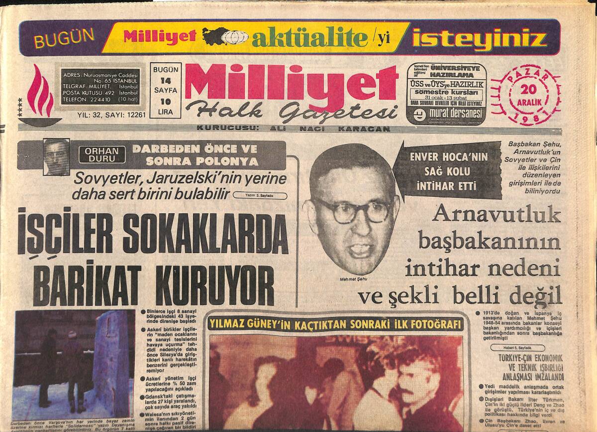 Milliyet Halk Gazetesi 20 Aralık 1981 - Yılmaz Güney'in Kaçtıktan Sonraki İlk Fotoğrafı GZ161009 - 1