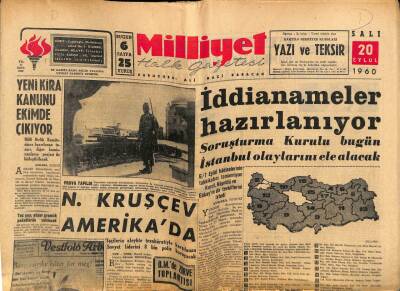 Milliyet Halk Gazetesi 20 Eylül 1960 - Yeni Kira kanunu Ekimde Çıkıyor GZ70521 - 1