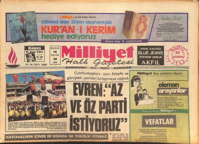 Milliyet Halk Gazetesi 20 Haziran 1983 - Kira Yasası Önerisi Komisyonda Takıldı - Evren Az Ve Öz Parti İstiyoruz GZ126796 - 1