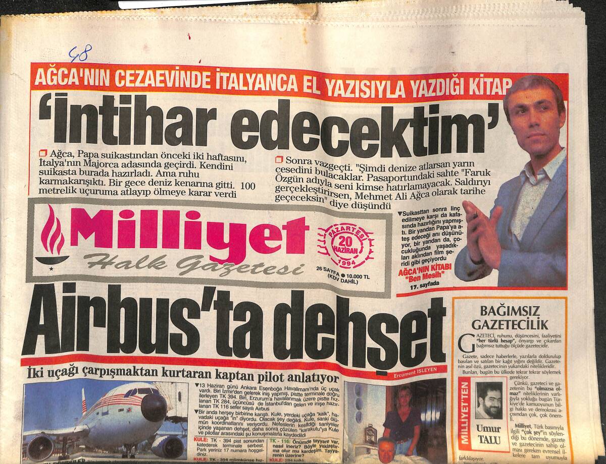 Milliyet Halk Gazetesi 20 Haziran 1994 - Airbus'ta Dehşet - Ağca'nın Cezaevinde İtalyanca El Yazısıyla Yazdığı Kitap GZ153032 - 1