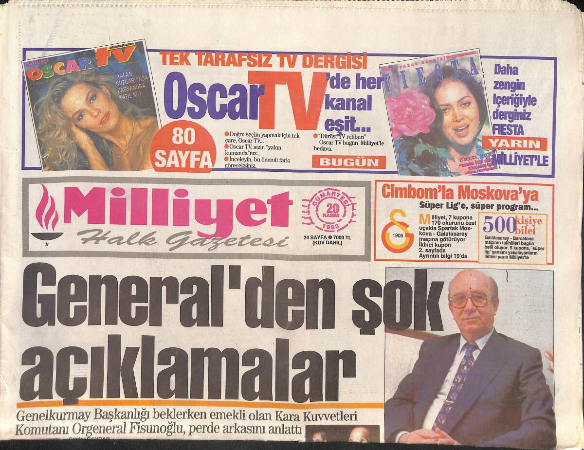 Milliyet Halk Gazetesi 20 Kasım 1993 - Fenerbahçe'de Borç 100 Milyar - Hakan Şükür'ün Gözü Avrupa'da GZ132800 - 1