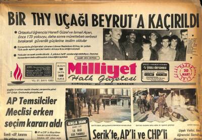 Milliyet Halk Gazetesi 20 Mart 1977 - Bir THY Uçağı Beyruta Kaçırıldı GZ87043 - 1