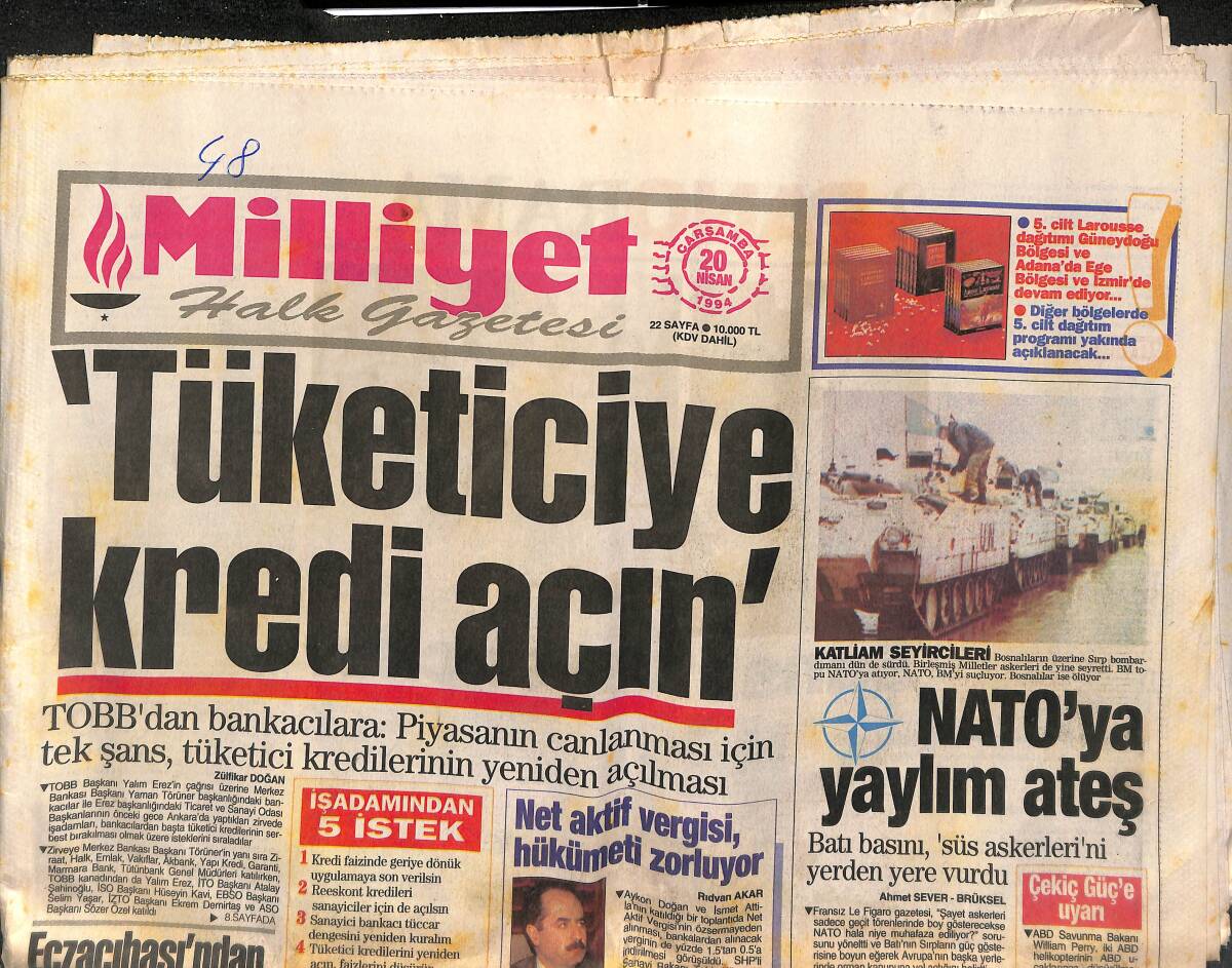 Milliyet Halk Gazetesi 20 Nisan 1994 - NATO'ya Yaylım Ateş - Komutan PKK'lı Avında GZ152930 - 1