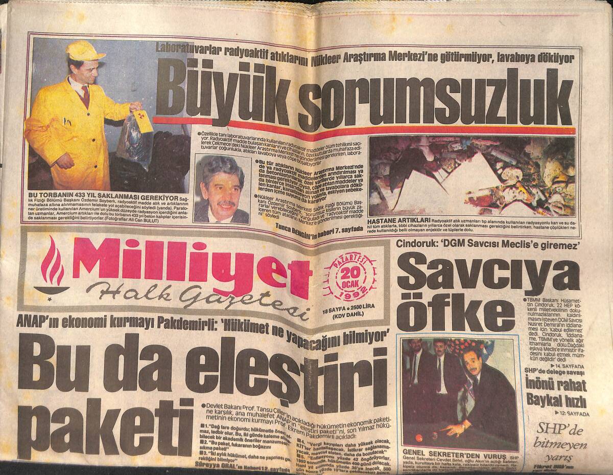 Milliyet Halk Gazetesi 20 Ocak 1992 - İnönü Rahat, Baykal Hızlı - Galatasaray'dan Siftah GZ132728 - 1