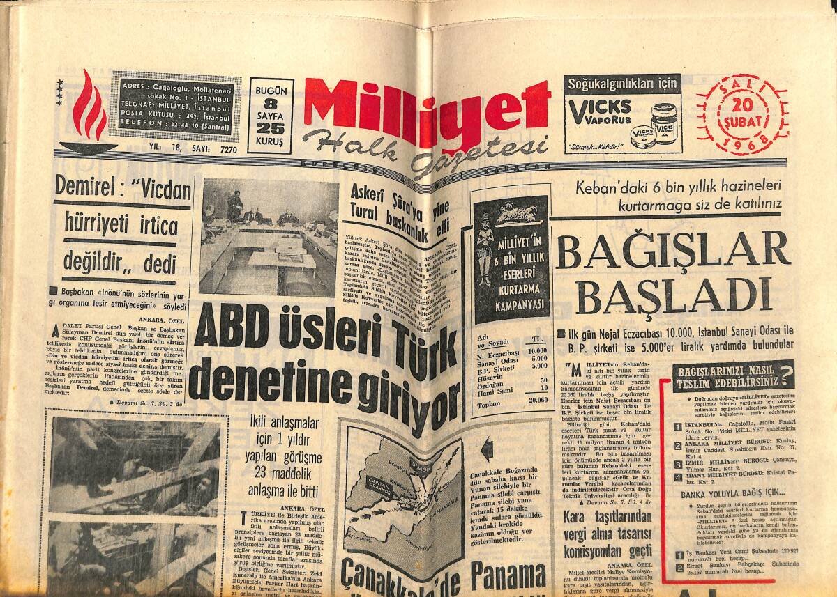 Milliyet Halk Gazetesi 20 Şubat 1968 - Dr. Barnard'ın Aile Hayatı Sarsılıyor - ABD Üsleri Türk Denetine Giriyor GZ148730 - 1