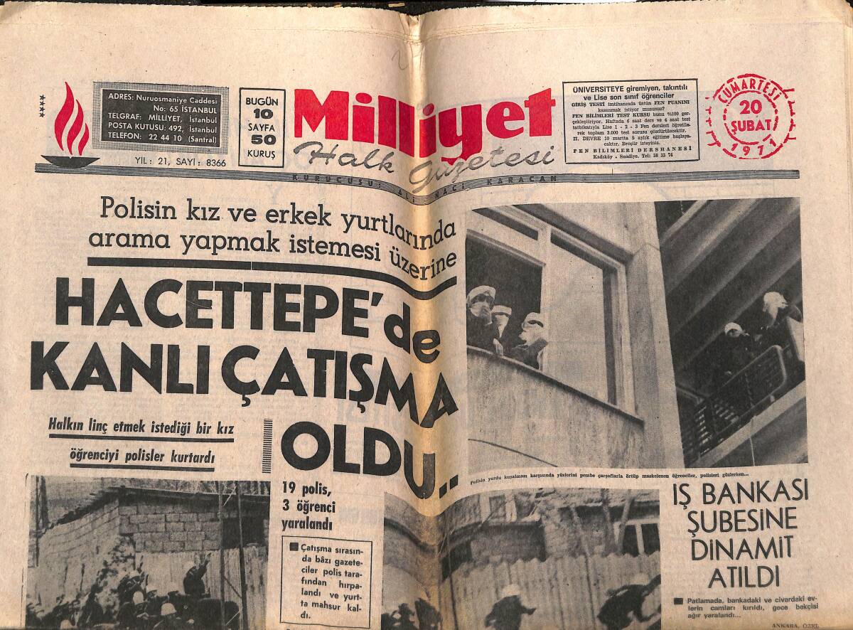 Milliyet Halk Gazetesi 20 Şubat 1971 - Hacettepe'de Kanlı Çatışma Oldu.. - İş Bankası Şubesine Dinamit Atıldı GZ143372 - 1