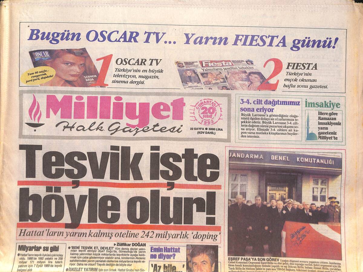 Milliyet Halk Gazetesi 20 Şubat 1993 - Özal'dan Belgrad'a Gözdağı - Hattat'ların Yarım Kalmış Oteline 242 Milyarlık Doping GZ132581 - 1