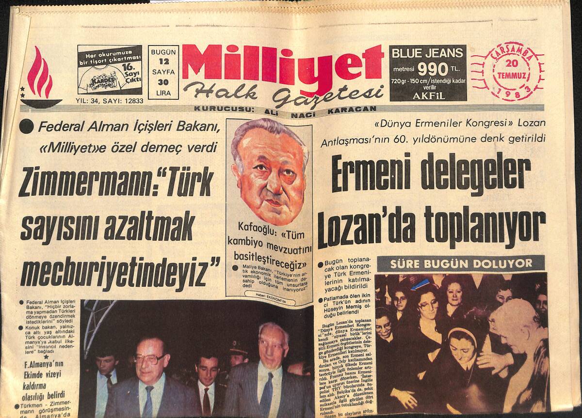 Milliyet Halk Gazetesi 20 Temmuz 1983 - Vatikan , Emanuela İçin Devreye Girdi - Ermeni Delegeler Lozan'da Toplanıyor GZ132988 - 1