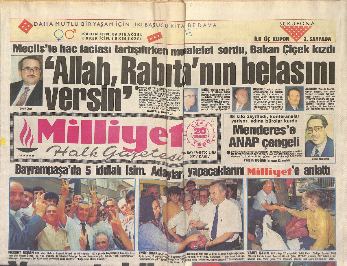 Milliyet Halk Gazetesi 20 Temmuz 1990 - Özal-Sözen Zirvesi - Atina'dan Tehdit GZ151286 - 1