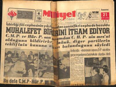 Milliyet Halk Gazetesi 21 Eylül 1957 - Seçmen Kütükleri Dün Sabah Asıldı - Salâh Bittar Dün İstanbuldan Geçti GZ117767 - 1