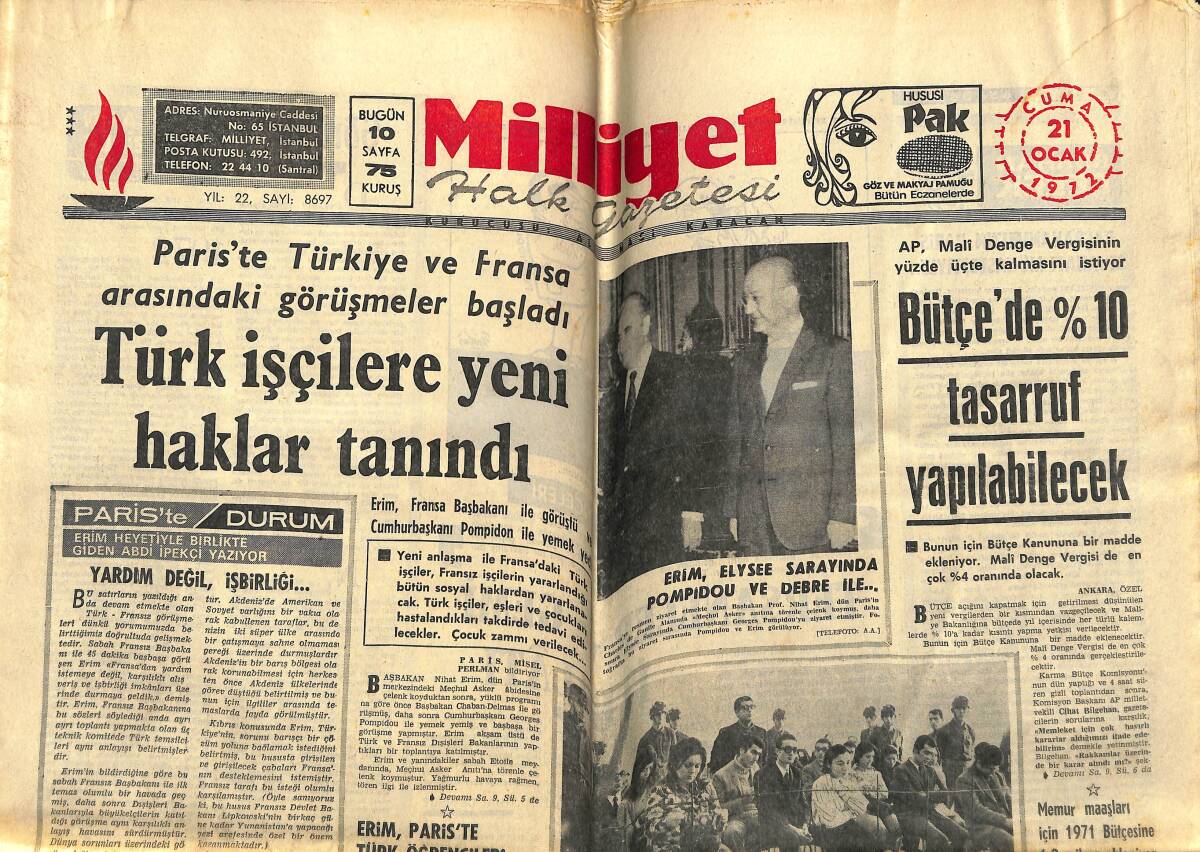 Milliyet Halk Gazetesi 21 Ocak 1972 - Almanya'nın Hibe Edeceği Televizyon Hazır Bekliyor - Türk İşçilere Yeni Haklar Tanındı GZ142954 - 1