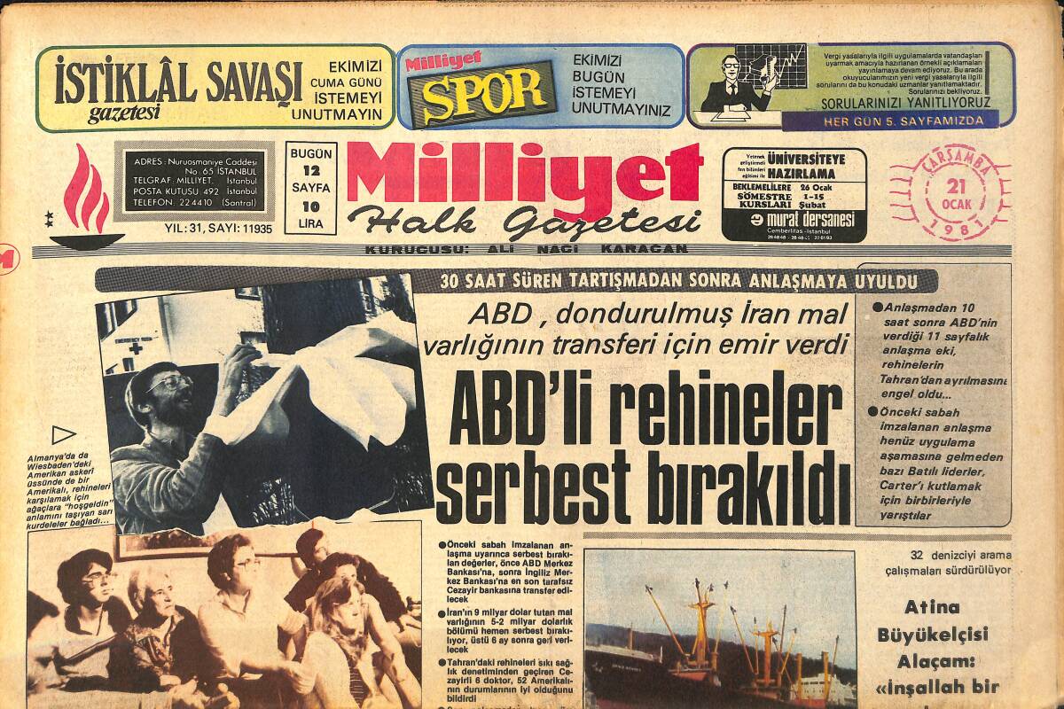 Milliyet Halk Gazetesi 21 Ocak 1981 - Reagan , ABD'nin 40.Başkanı Oldu - ABD'li Rehineler Serbest Bırakıldı GZ159184 - 1