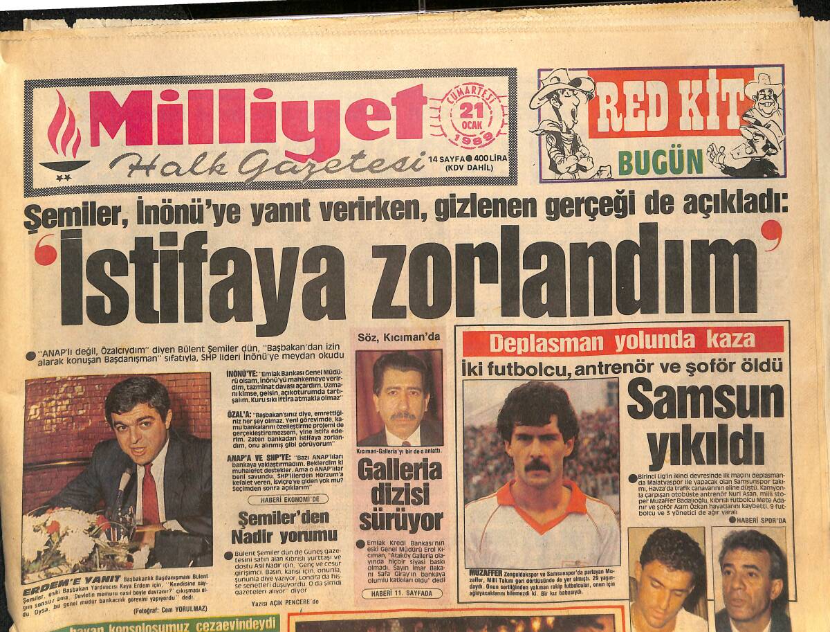 Milliyet Halk Gazetesi 21 Ocak 1989 - ANAP'ın Umudu DSP - Samsunspor Yıkıldı . İki Futbolcu , Antrenör Ve Şoför Öldü GZ133360 - 1