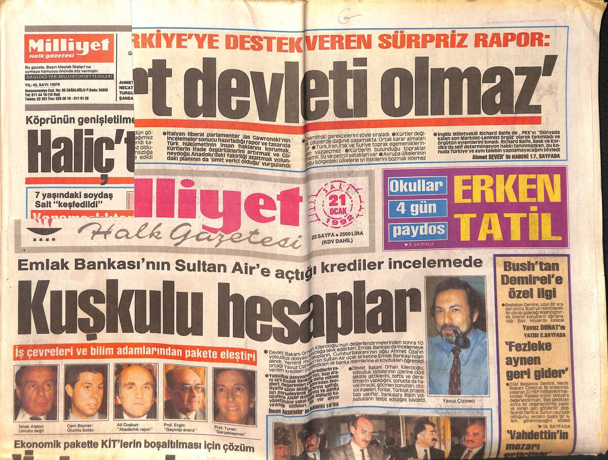 Milliyet Halk Gazetesi 21 Ocak 1992 - Emlak Bankası'nın Sultan Air'e Açtığı Krediler İncelemede GZ159327 - 1