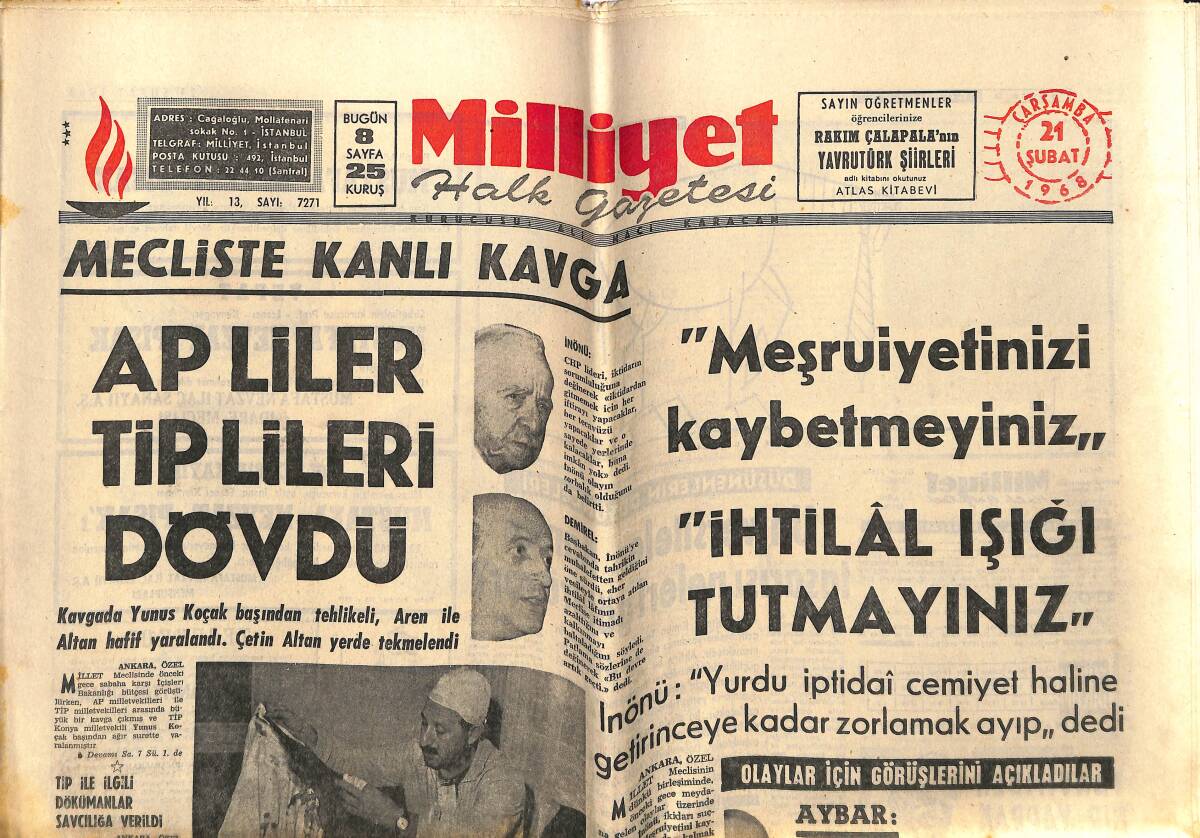 Milliyet Halk Gazetesi 21 Şubat 1968 - AP'liler TİP'lileri Dövdü - Yunan Adalarında Deprem : 19 Ölü Var GZ148743 - 1