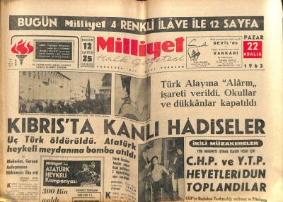 Milliyet Halk Gazetesi 22 Aralık 1963 - Kıbrısta Kanlı Hadiseler GZ82016 - 1