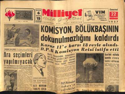 Milliyet Halk Gazetesi 22 Haziran 1957 - Komisyon , Bölükbaşının Dokunulmazlığını Kaldırdı GZ76191 - 1