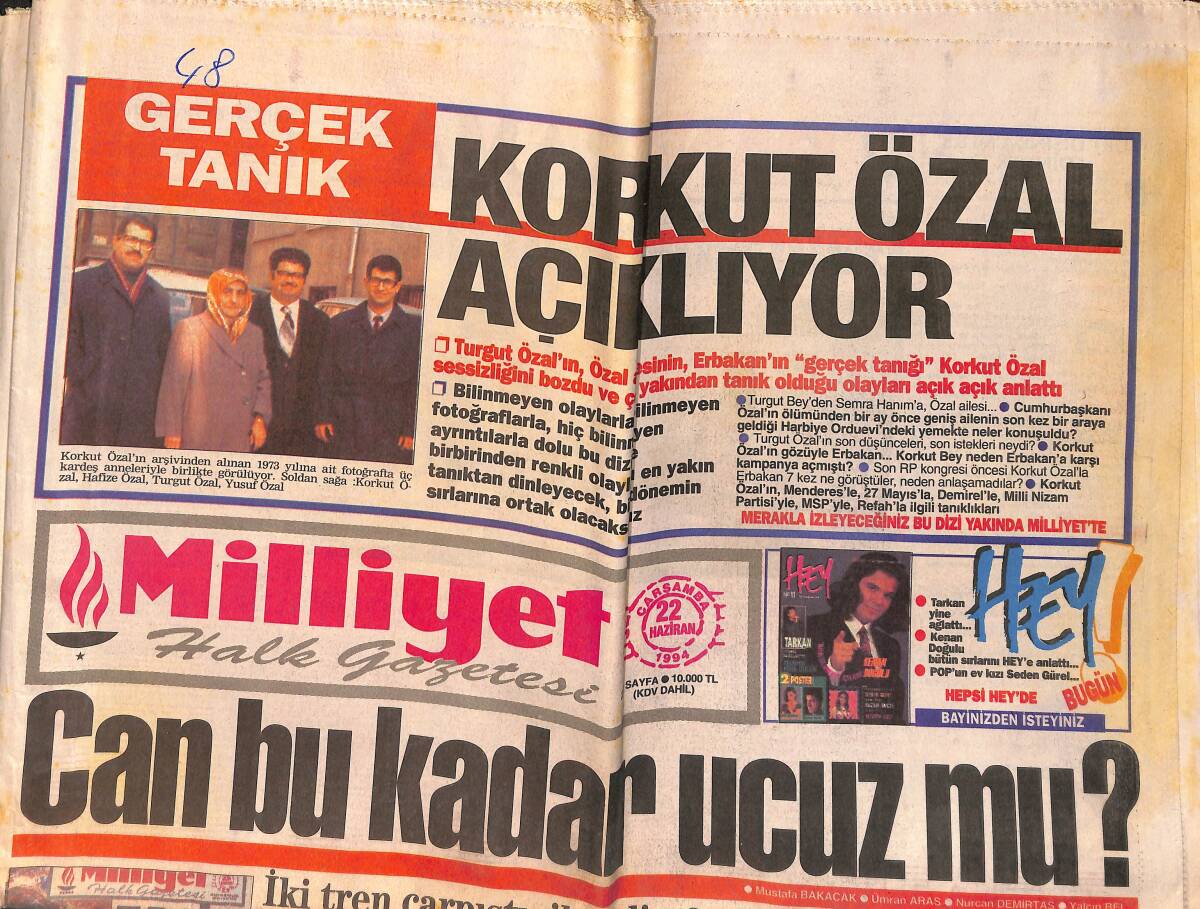 Milliyet Halk Gazetesi 22 Haziran 1994 - Çankaya'da İbo Krizi - Belçika'da DEP Sancısı GZ152934 - 1