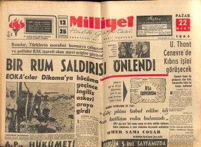Milliyet Halk Gazetesi 22 Mart 1964 - Almanyaya Giden İşçilere Damga Vurulması İstendi - Bir Rum Saldırısı Önlendi GZ118359 - 1