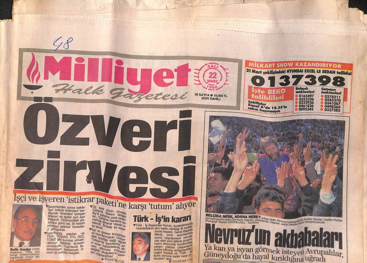 Milliyet Halk Gazetesi 22 Mart 1994 - Hollmann'ın Suyu Isındı - DEP'li Sadak , Meclis'e İade GZ152799 - 1