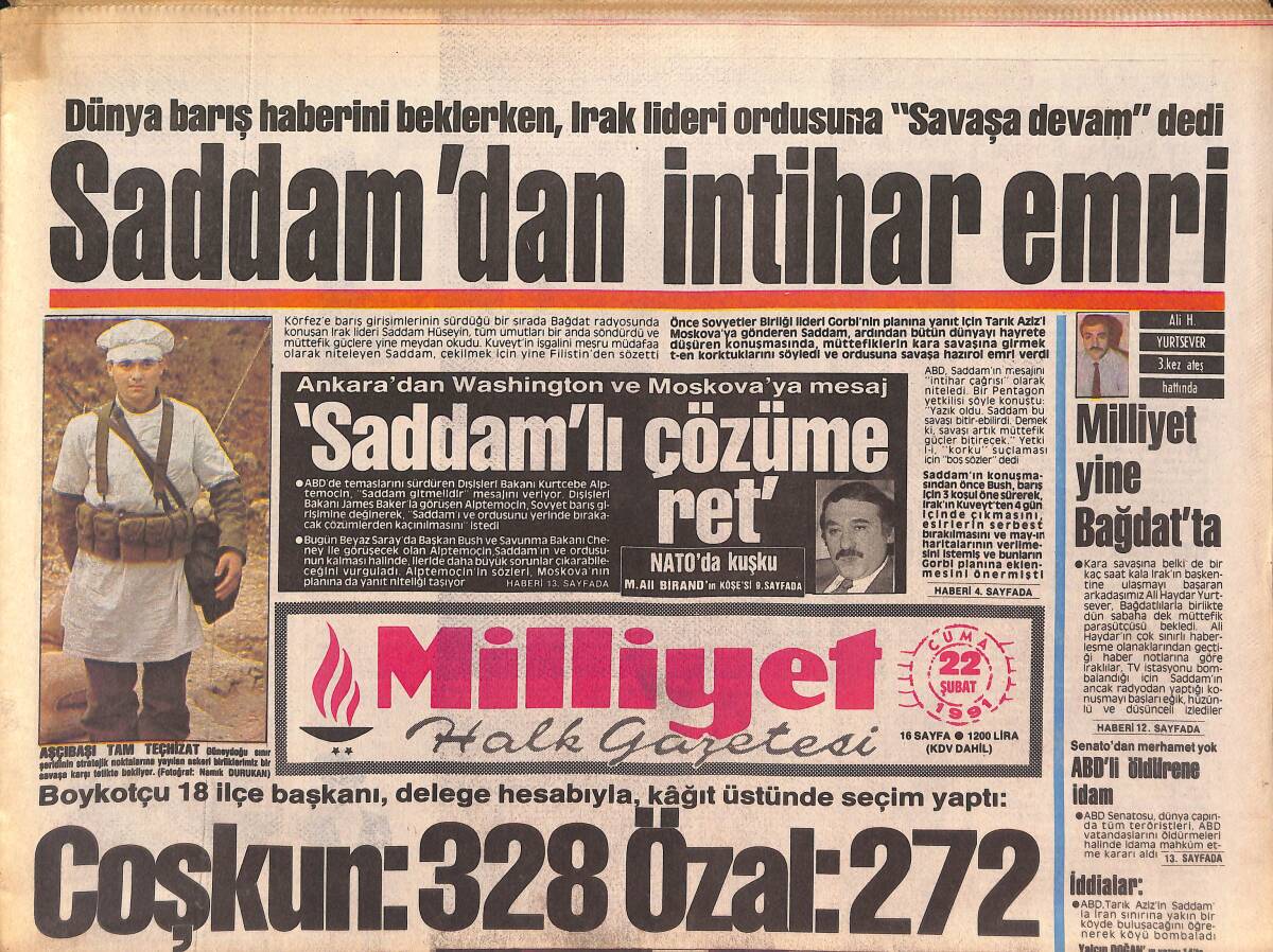 Milliyet Halk Gazetesi 22 Şubat 1991 - Saddam'dan İntihar Emri - Arnavutluk Alia'ya Kaldı GZ133114 - 1
