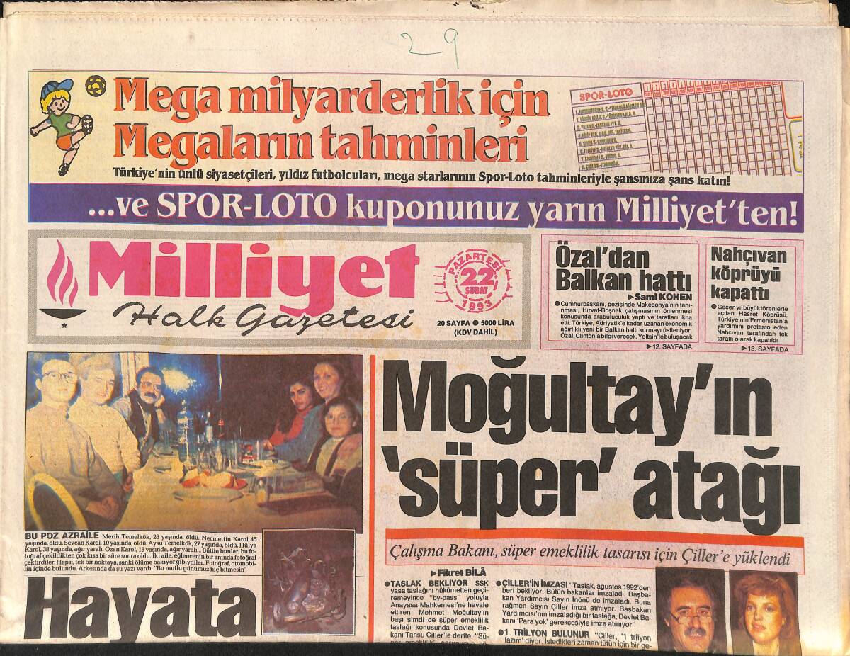 Milliyet Halk Gazetesi 22 Şubat 1993 - Fenerbahçe Zirveyi Sevdi - Adalet Bakanı'nın Mutlu Günü GZ154670 - 2