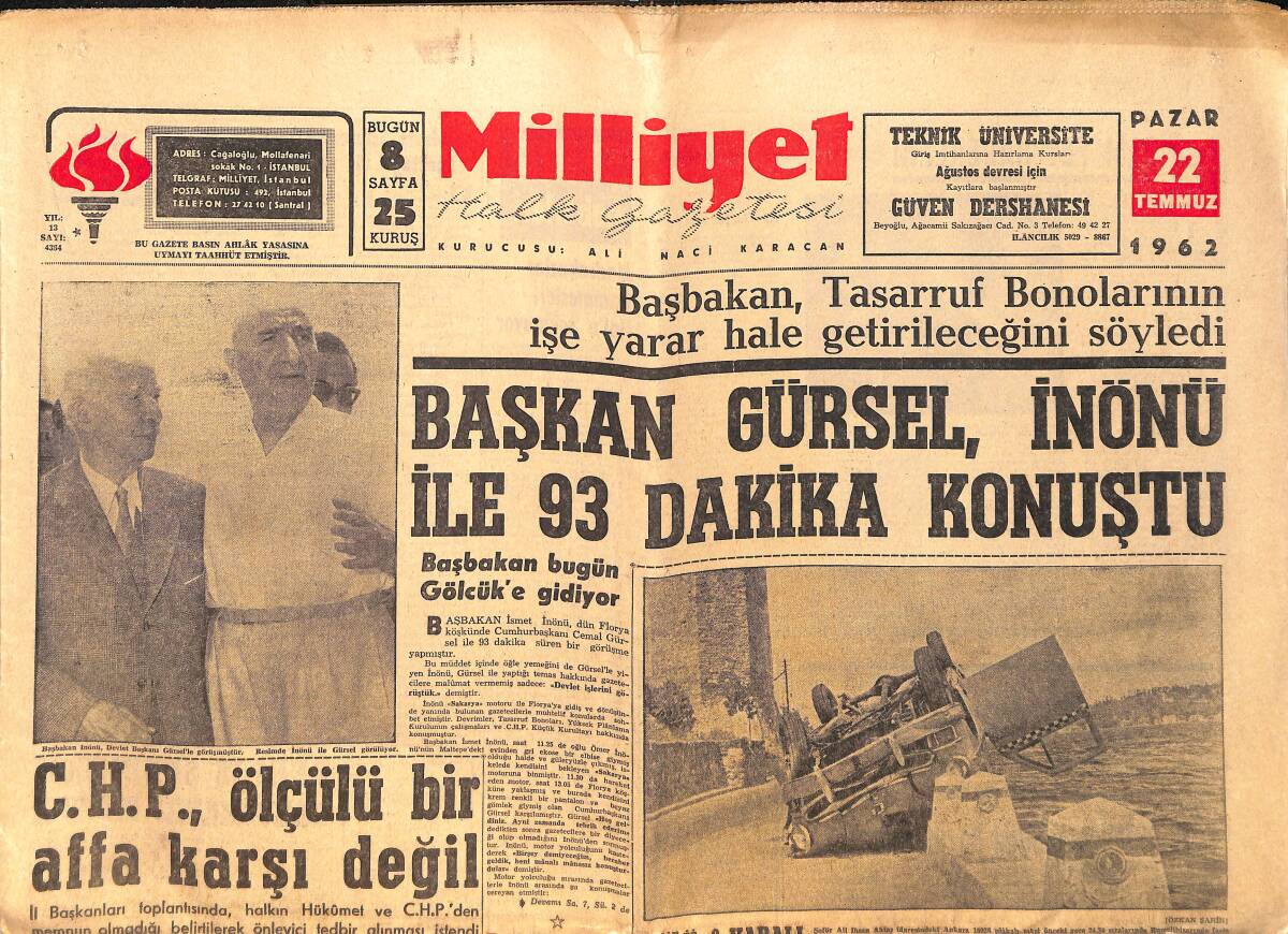 Milliyet Halk Gazetesi 22 Temmuz 1962 - Marilyn Monroe'nun İçyüzü - Konuralp , Bakanlar Kuruluna Başvurdu GZ157891 - 1