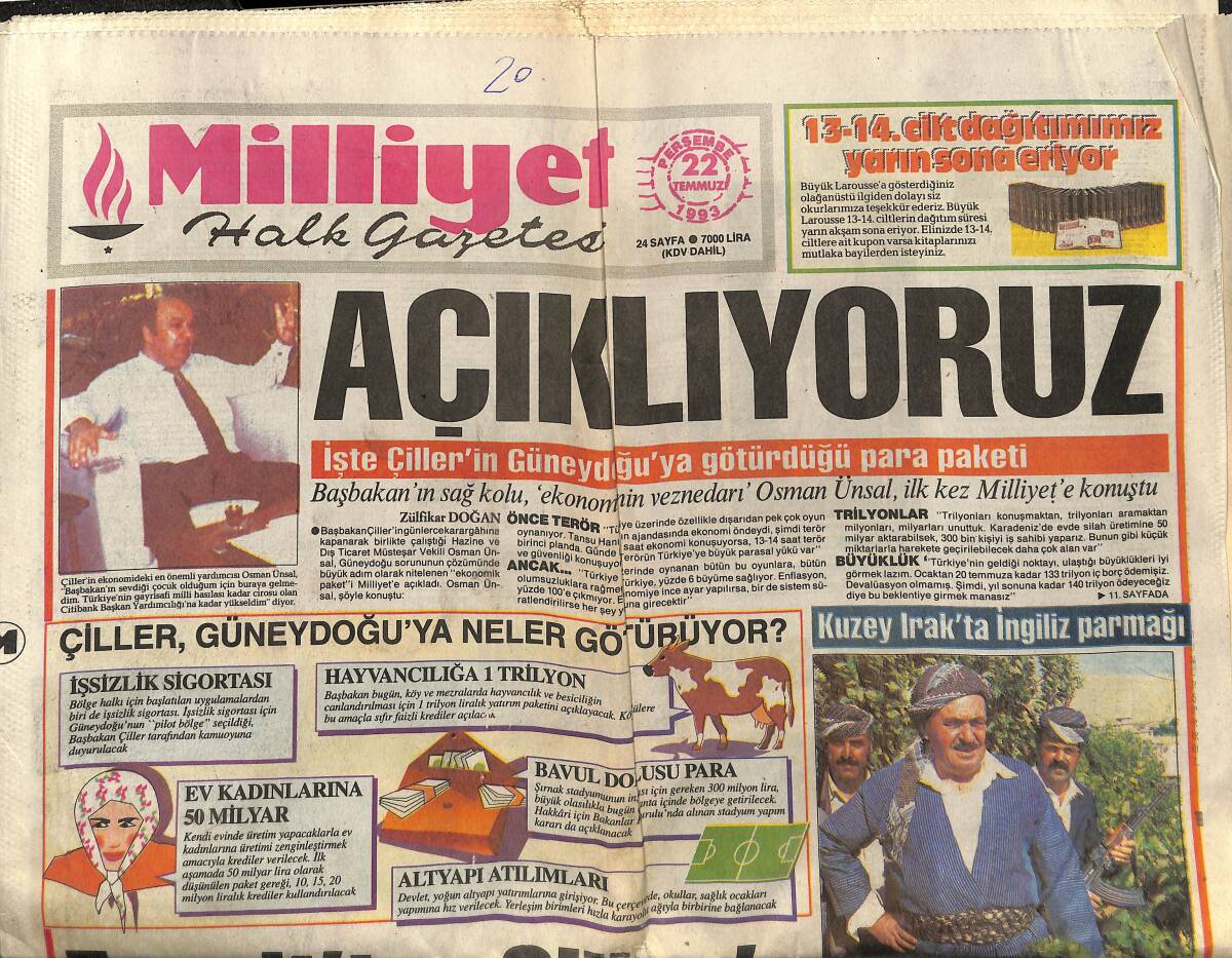 Milliyet Halk Gazetesi 22 Temmuz 1993 - Kuzey Irak'ta İngiliz Parmağı - Koç 93 Yaşına Bastı GZ153065 - 1