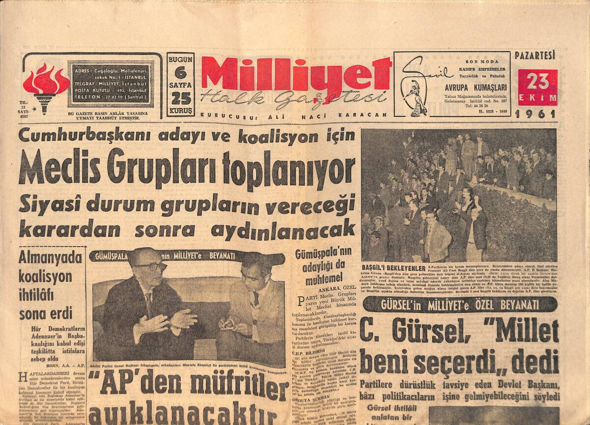 Milliyet Halk Gazetesi 23 Ekim 1961 - Altınordu Namağlup Unvanını Kaybetti - Behiye Aksoy'a Aşık Mı Dersiniz GZ156640 - 1