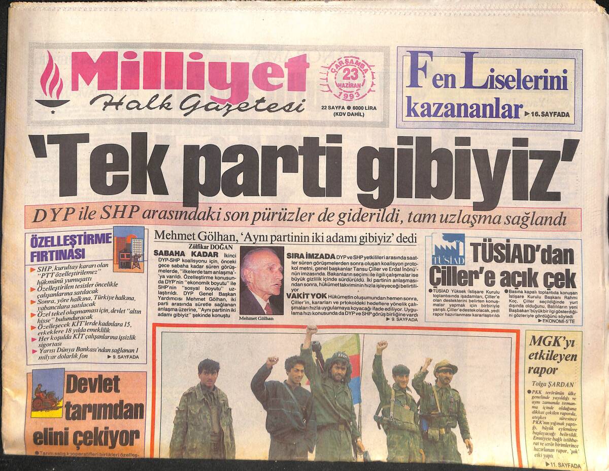 Milliyet Halk Gazetesi 23 Haziran 1993 - YÖK Başkanı Köpürdü - Erciyes'te PKK Avı GZ132549 - 1