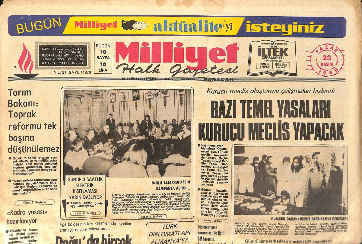 Milliyet Halk Gazetesi 23 Kasım 1980 - Galatasaray İle Beşiktaş Karşı Karşıya - Günde 3 Saatlik Elektrik Kısıtlaması Yarın Başlıyor GZ154682 - 1