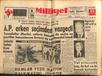 Milliyet Halk Gazetesi 23 Mart 1964 - Rumlar Yeni Hattın Kalkmasını İstiyor GZ118360 - 1