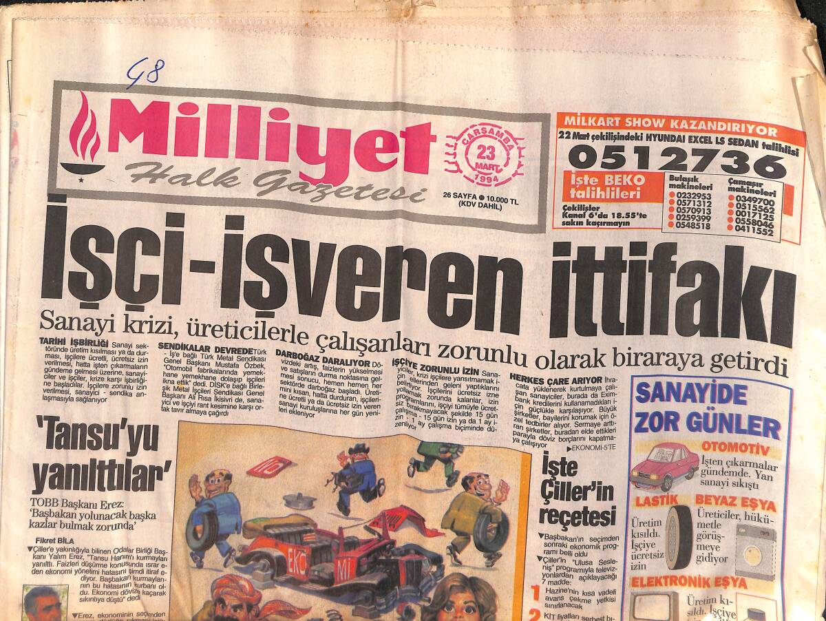 Milliyet Halk Gazetesi 23 Mart 1994 - Güneş Taner'in Zülfü Kuşkusu - İşte Çiller'in Reçetesi - Uzungöl Yaza Hazırlanıyor GZ152798 - 1