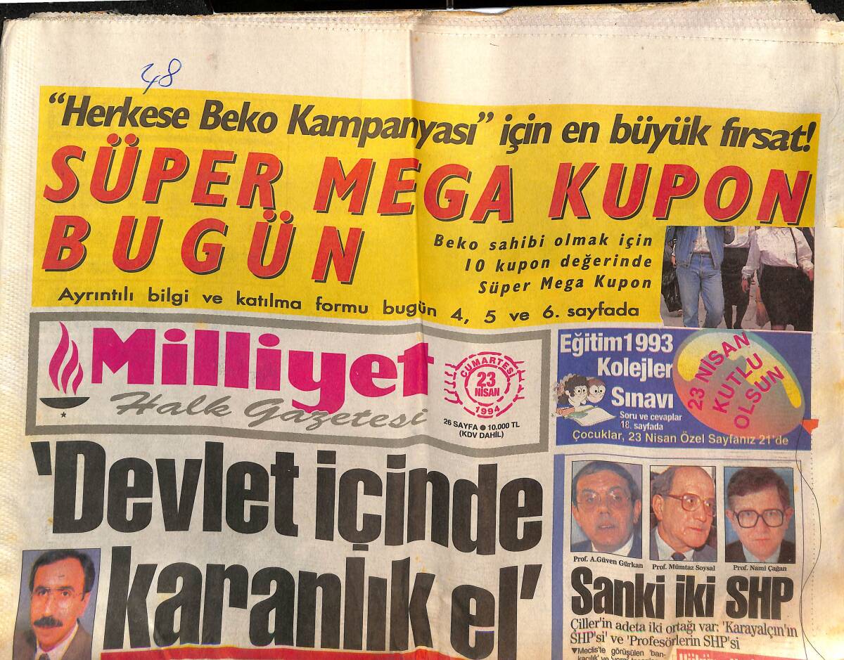 Milliyet Halk Gazetesi 23 Nisan 1994 - CimBom'a UEFA'dan Müjde - TMO'nun 500 Milyarı Son Anda Kurtarıldı GZ152505 - 1