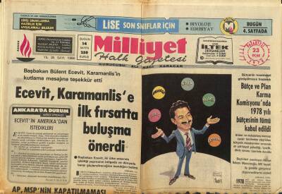 Milliyet Halk Gazetesi 23 Ocak 1978 - Başbakan Bülent Ecevit , Karamanlisin İlk Kutlama Mesajına Teşekkür Etti GZ92656 - 1