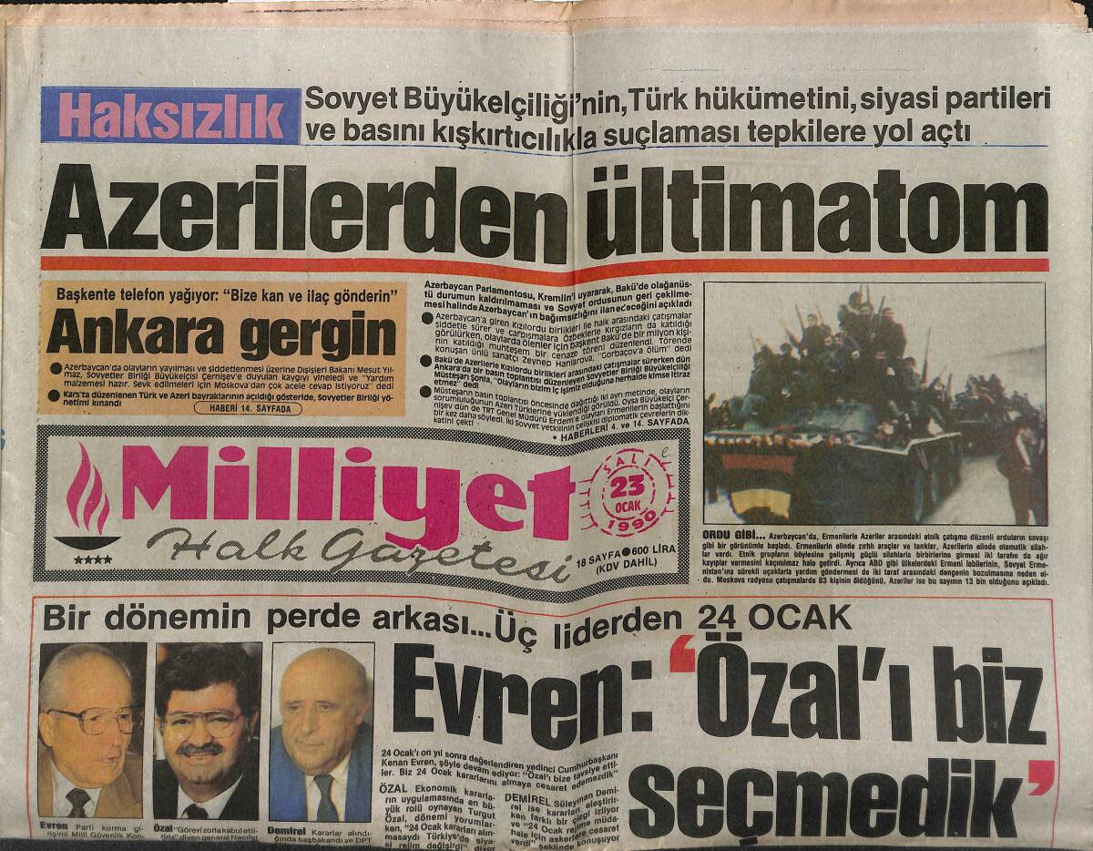 Milliyet Halk Gazetesi 23 Ocak 1990 - Azerilerden Ültimatom - Adnan Oktar'dan Günlük Nikâh GZ149570 - 1