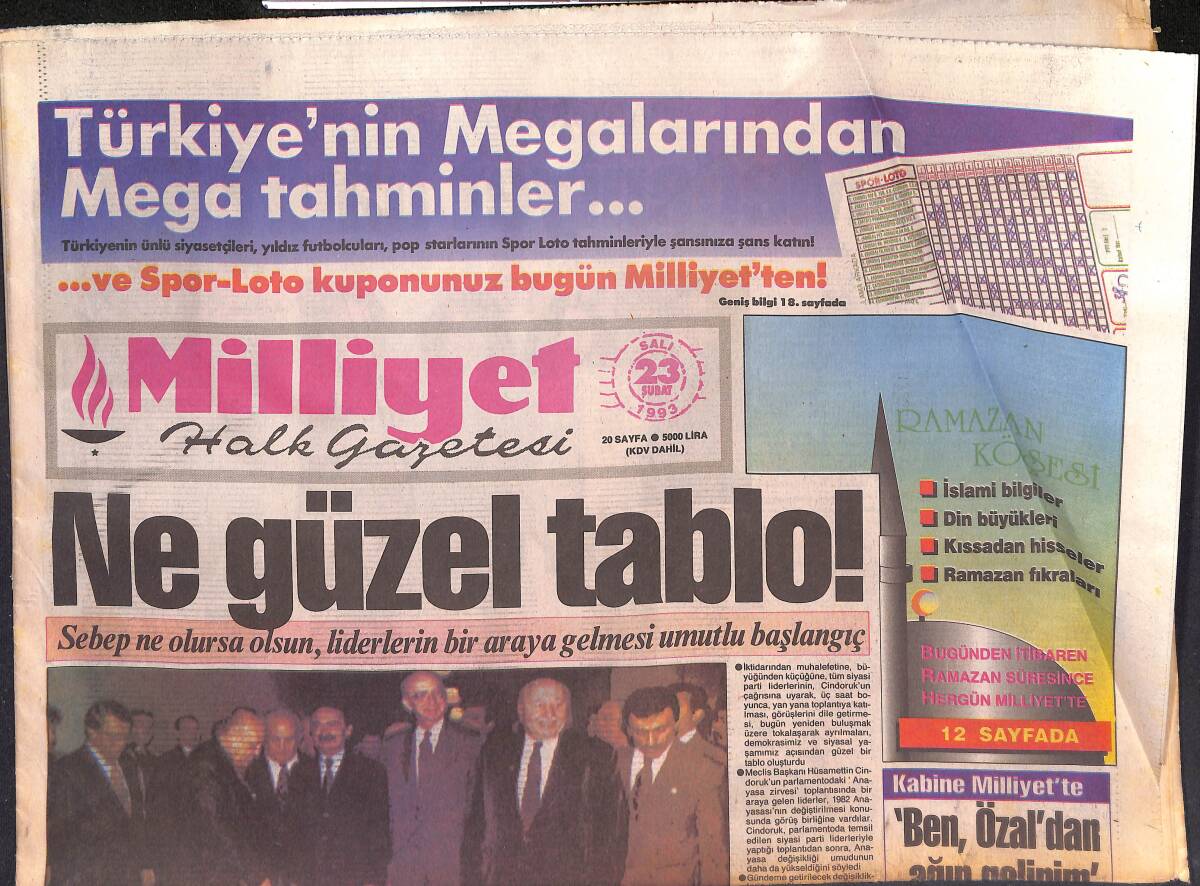 Milliyet Halk Gazetesi 23 Şubat 1993 - Mumcu Olayında Meçhul Kalmadı - Kabinede Revizyon Gündemde GZ132578 - 1