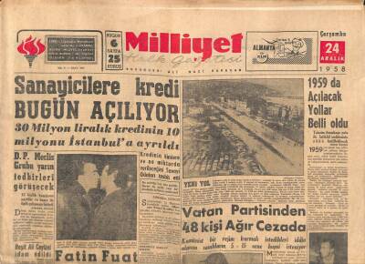 Milliyet Halk Gazetesi 24 Aralık 1958 - Sanayicilere Kredi Bugün Açılıyor GZ113091 - 1