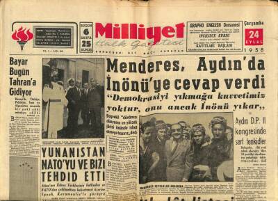 Milliyet Halk Gazetesi 24 Eylül 1958 - Bayar Bugün Tahrana Gidiyor GZ79266 - 1