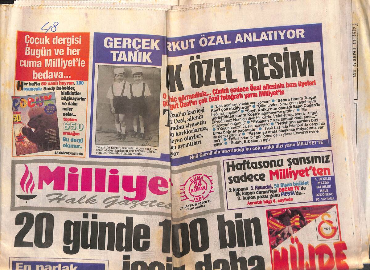 Milliyet Halk Gazetesi 24 Haziran 1994 - Üniversiteden Laiklik Bildirisi - Milli Takıma Büyük Umut GZ152932 - 1