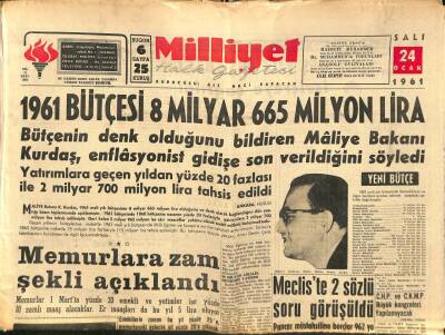 Milliyet Halk Gazetesi 24 Ocak 1961 - 1961 Bütçesi 8 Milyar 665 Milyon Lira - Memurlara Zam Şekli Açıklandı GZ92829 - 1