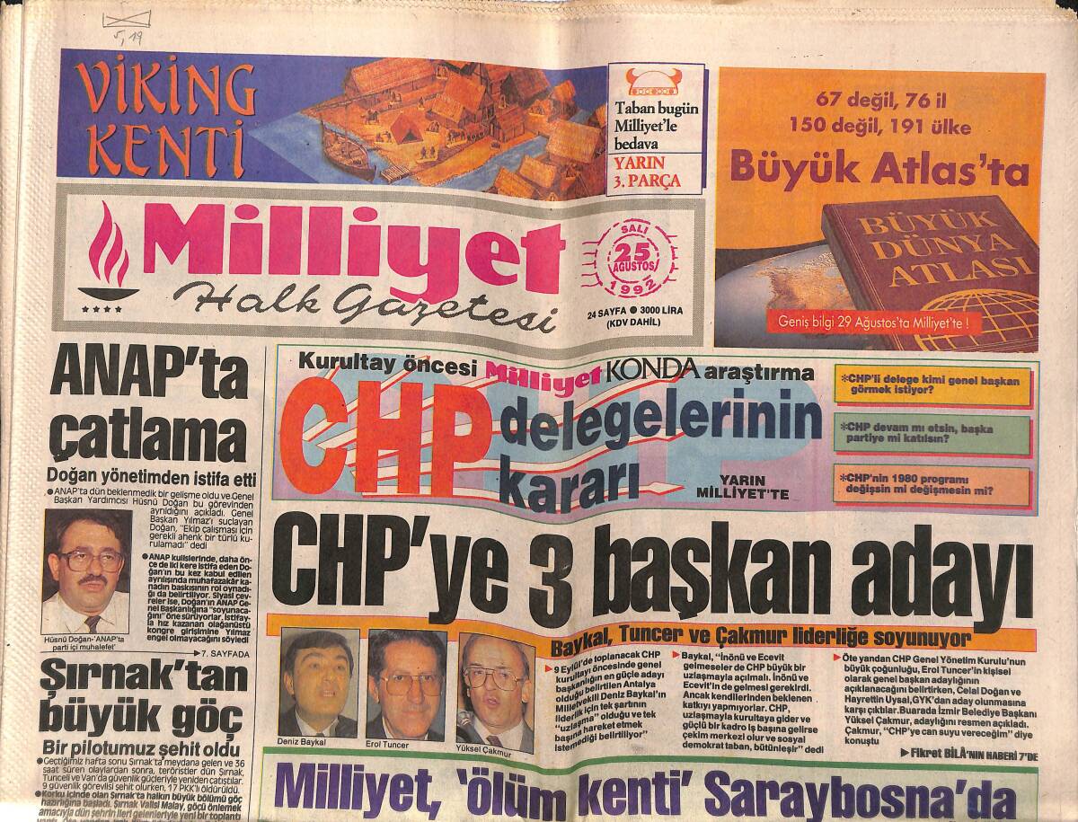 Milliyet Halk Gazetesi 25 Ağustos 1992 - ANAP'ta Çatlama - CHP'ye 3 Başkan Adayı GZ149200 - 1