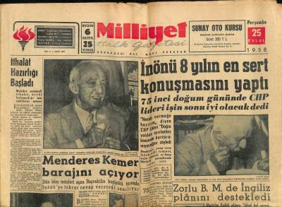 Milliyet Halk Gazetesi 25 Eylül 1958 - Menderes Kemer Barajını Açıyor GZ79267 - 1