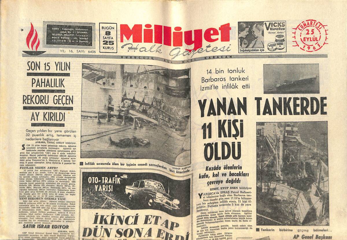 Milliyet Halk Gazetesi 25 Eylül 1965 - 14 Bin Tonluk Barbaros Tankeri İzmit'te İnfilak Etti . Yanan Tankerde 11 Kişi Öldü GZ143400 - 1