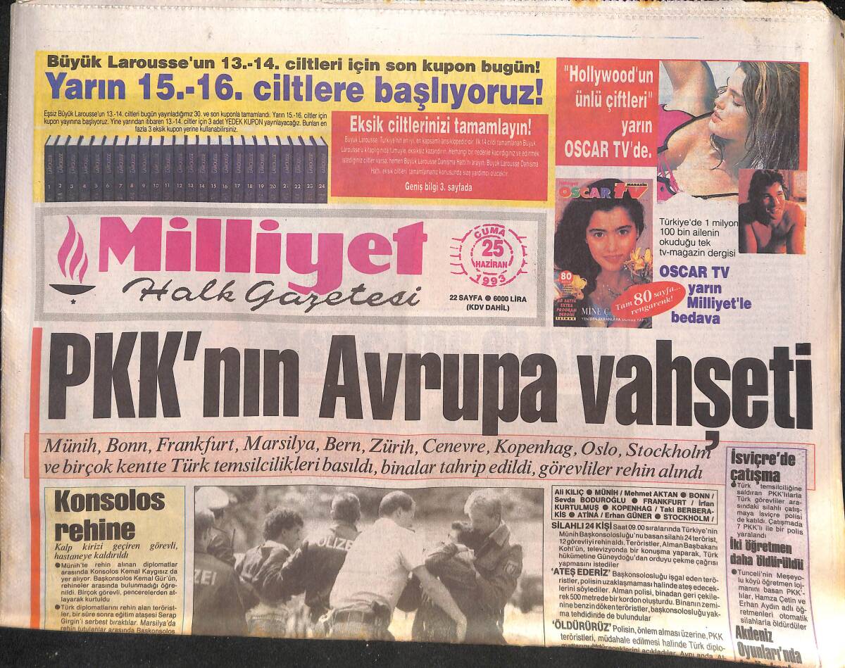 Milliyet Halk Gazetesi 25 Haziran 1993 - PKK'nın Avrupa Vahşeti - Feldkamp'a Tam Yetki GZ132551 - 1