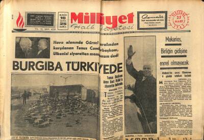 Milliyet Halk Gazetesi 25 Mart 1965 - Burgiba Türkiyede - Makarios , Birliğin Gidişine Engel Olmayacak GZ122130 - 1