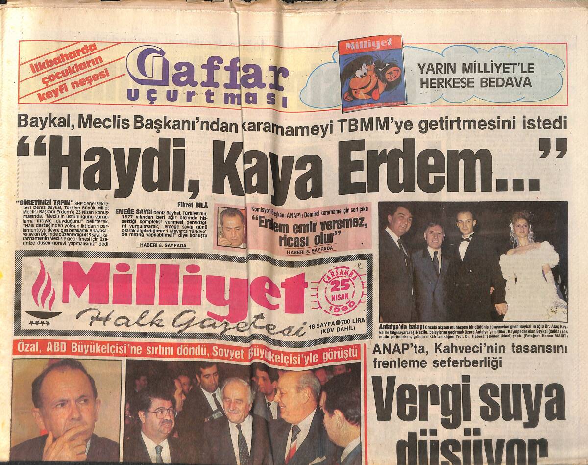 Milliyet Halk Gazetesi 25 Nisan 1990 - Baykal , Meclis Başkanı'ndan Kararnameyi TBMM'ye Getirtmesini İstedi GZ157870 - 1